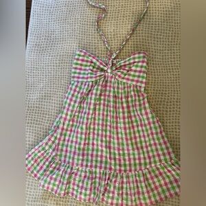 Pink and Green Halter Sundress with Ruffled Tiered Skirt